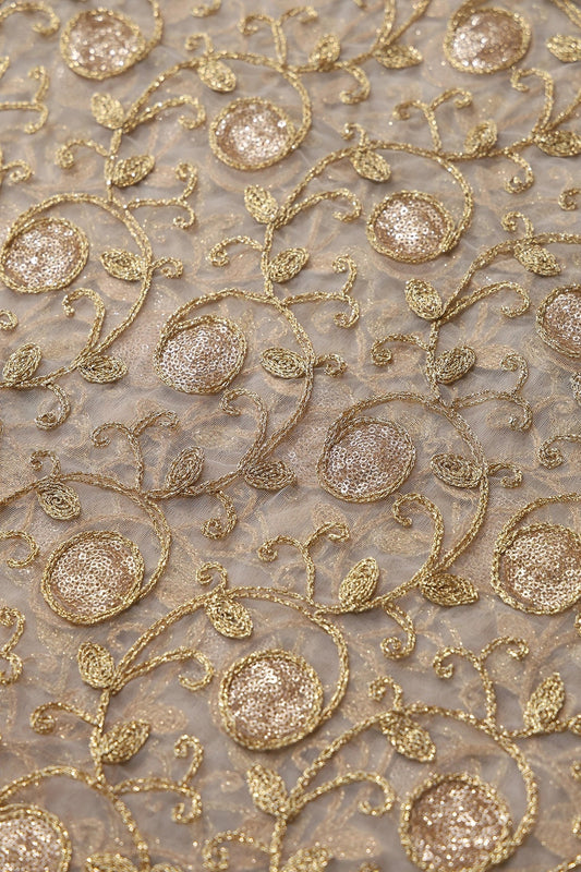 AIzaSyBcstauz-XMPRhEY21AUzeo032pxrXB5Ug - 5.75 Meter Cut Piece Of Gold Sequins With Gold Zari Leafy Embroidery On Beige Soft Net Fabric