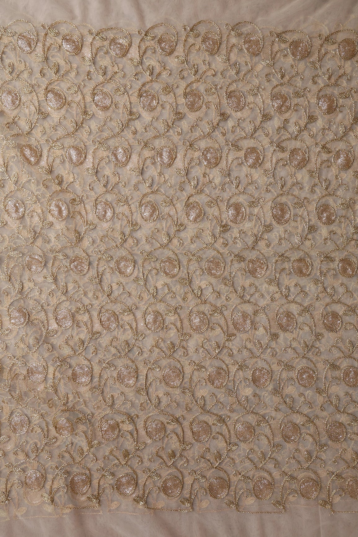 AIzaSyBcstauz-XMPRhEY21AUzeo032pxrXB5Ug - 5.75 Meter Cut Piece Of Gold Sequins With Gold Zari Leafy Embroidery On Beige Soft Net Fabric