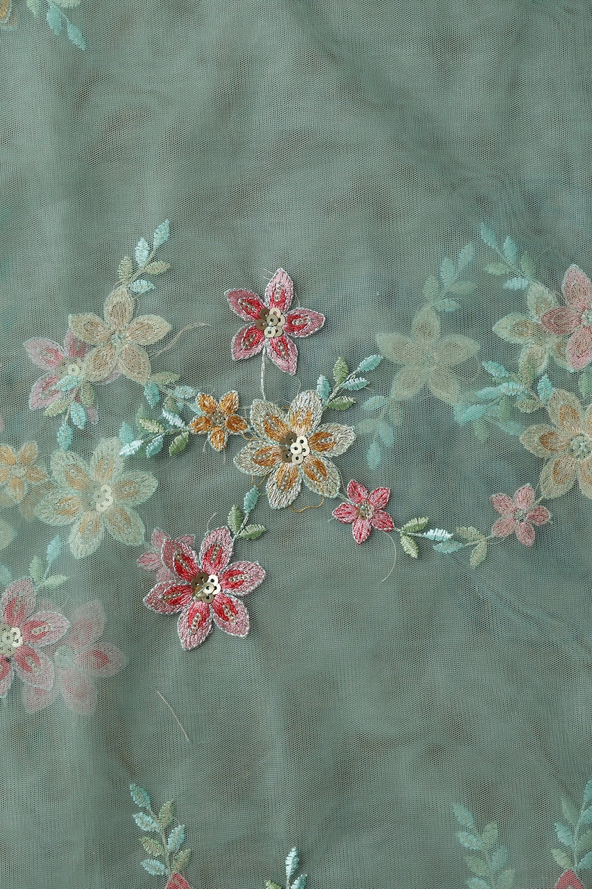 AIzaSyBcstauz-XMPRhEY21AUzeo032pxrXB5Ug - 5.75 Meter Cut Piece Of Pink And Brown Thread With Gold Sequins Floral Embroidery On Olive Soft Net Fabric