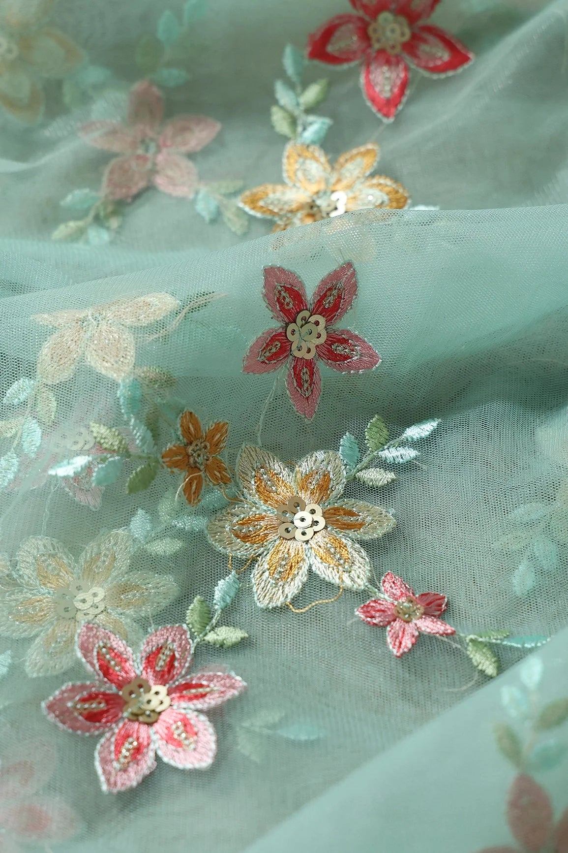 AIzaSyBcstauz-XMPRhEY21AUzeo032pxrXB5Ug - 5.75 Meter Cut Piece Of Pink And Brown Thread With Gold Sequins Floral Embroidery On Olive Soft Net Fabric