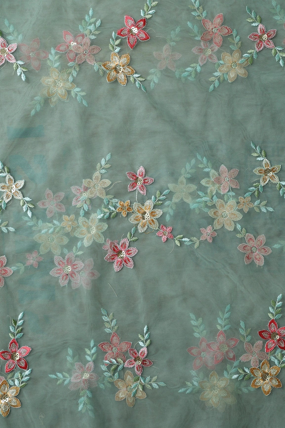 AIzaSyBcstauz-XMPRhEY21AUzeo032pxrXB5Ug - 5.75 Meter Cut Piece Of Pink And Brown Thread With Gold Sequins Floral Embroidery On Olive Soft Net Fabric