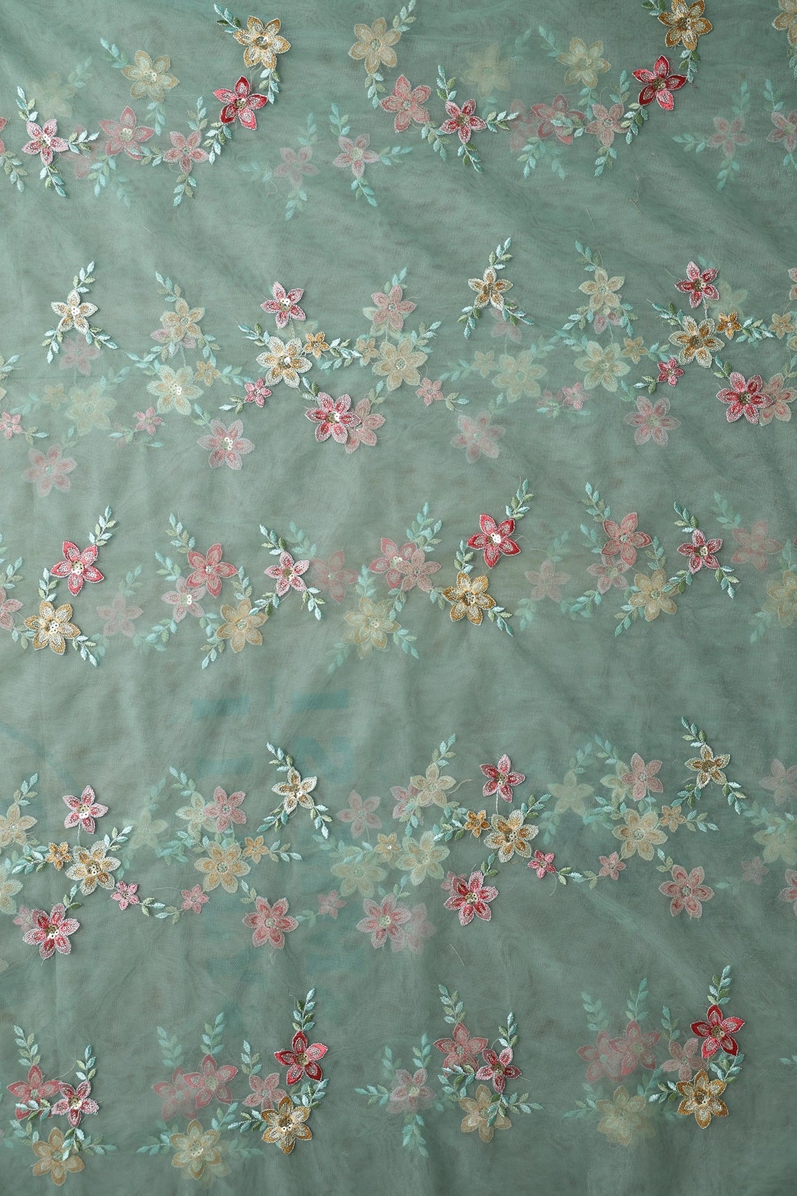 AIzaSyBcstauz-XMPRhEY21AUzeo032pxrXB5Ug - 5.75 Meter Cut Piece Of Pink And Brown Thread With Gold Sequins Floral Embroidery On Olive Soft Net Fabric