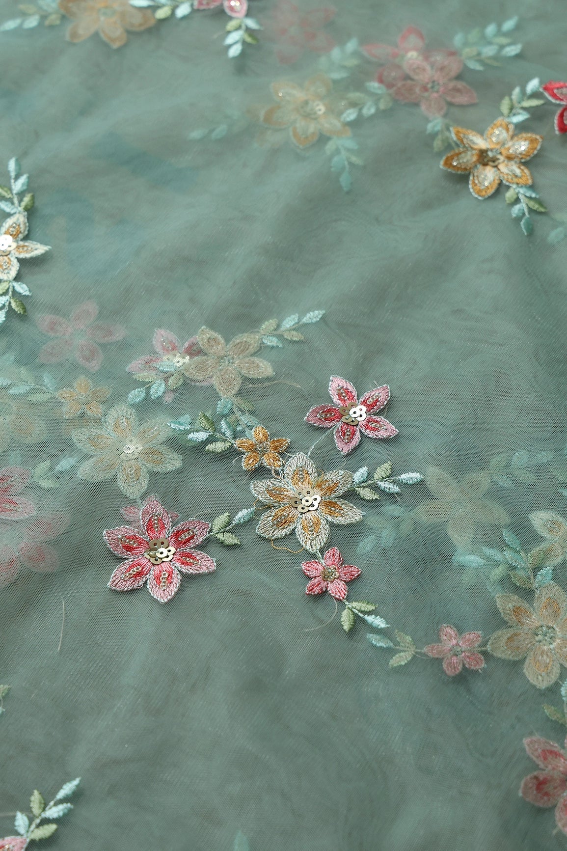 AIzaSyBcstauz-XMPRhEY21AUzeo032pxrXB5Ug - 5.75 Meter Cut Piece Of Pink And Brown Thread With Gold Sequins Floral Embroidery On Olive Soft Net Fabric