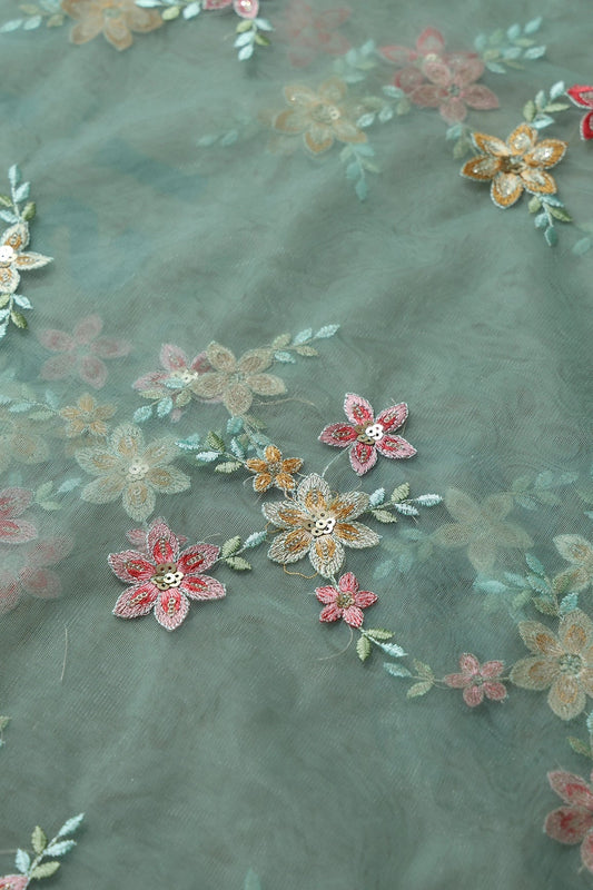 AIzaSyBcstauz-XMPRhEY21AUzeo032pxrXB5Ug - 5.75 Meter Cut Piece Of Pink And Brown Thread With Gold Sequins Floral Embroidery On Olive Soft Net Fabric