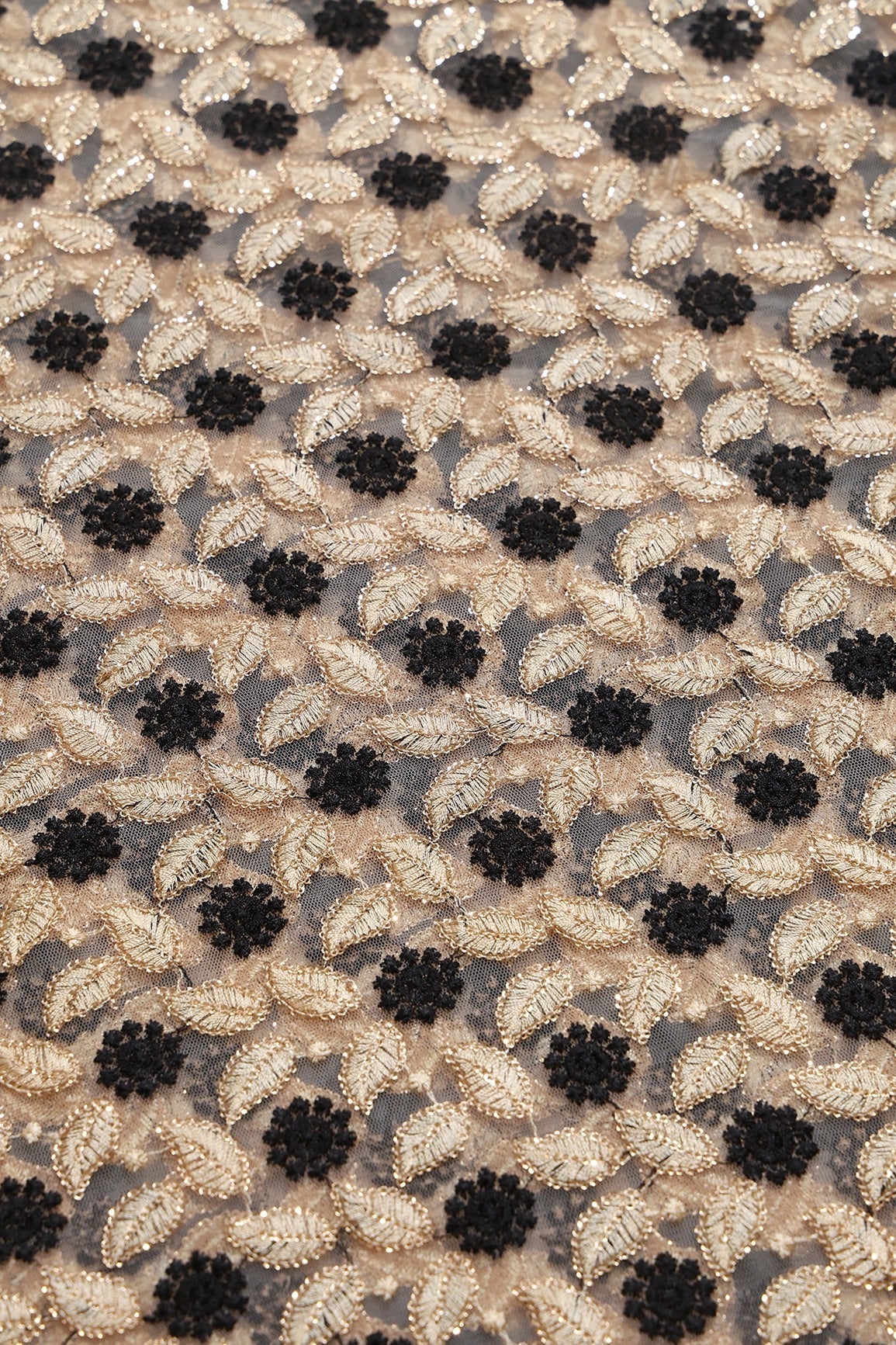 AIzaSyBcstauz-XMPRhEY21AUzeo032pxrXB5Ug - 6 Meter Cut Piece Of Black And Beige Thread With Gold Sequins Floral Embroidery On Beige Soft Net Fabric