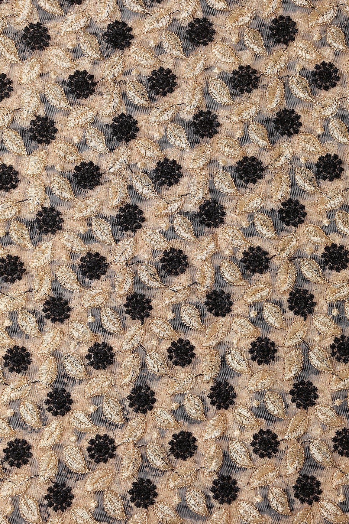 AIzaSyBcstauz-XMPRhEY21AUzeo032pxrXB5Ug - 6 Meter Cut Piece Of Black And Beige Thread With Gold Sequins Floral Embroidery On Beige Soft Net Fabric