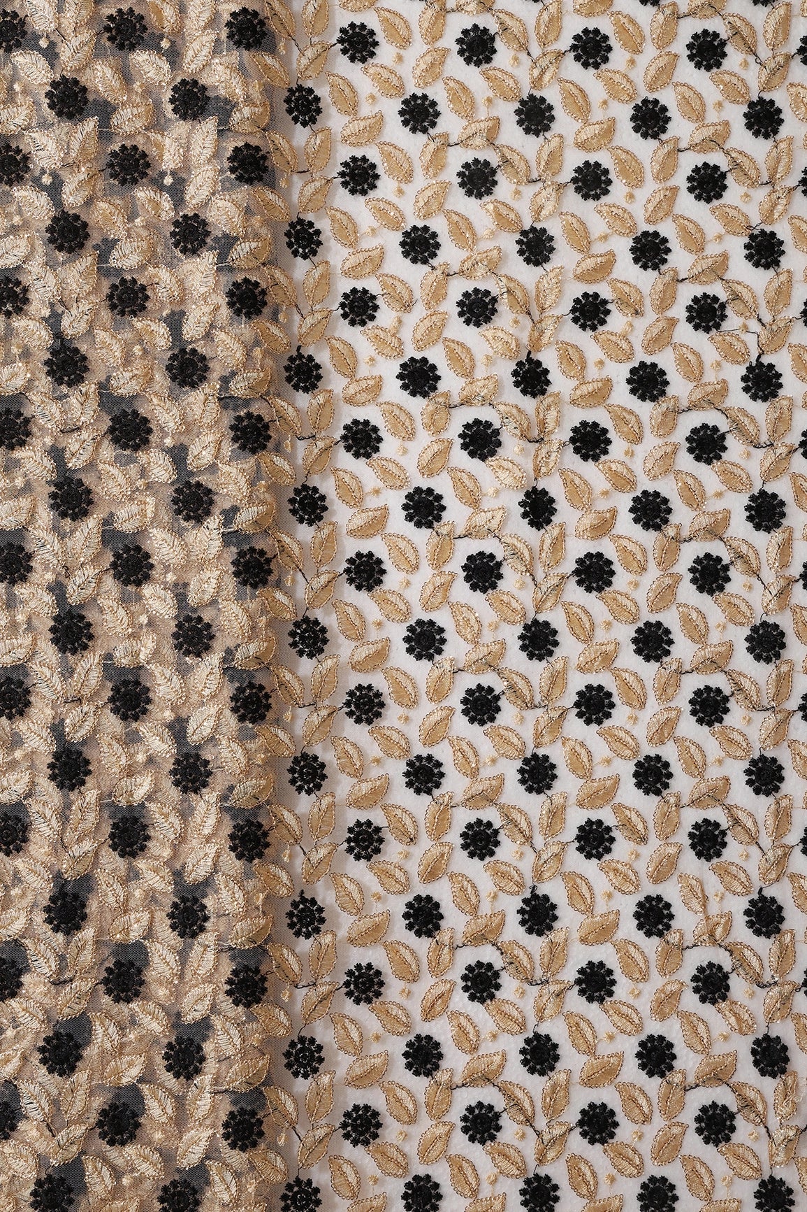 AIzaSyBcstauz-XMPRhEY21AUzeo032pxrXB5Ug - 6 Meter Cut Piece Of Black And Beige Thread With Gold Sequins Floral Embroidery On Beige Soft Net Fabric