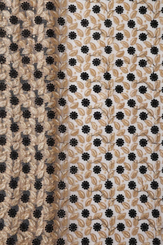 AIzaSyBcstauz-XMPRhEY21AUzeo032pxrXB5Ug - 6 Meter Cut Piece Of Black And Beige Thread With Gold Sequins Floral Embroidery On Beige Soft Net Fabric