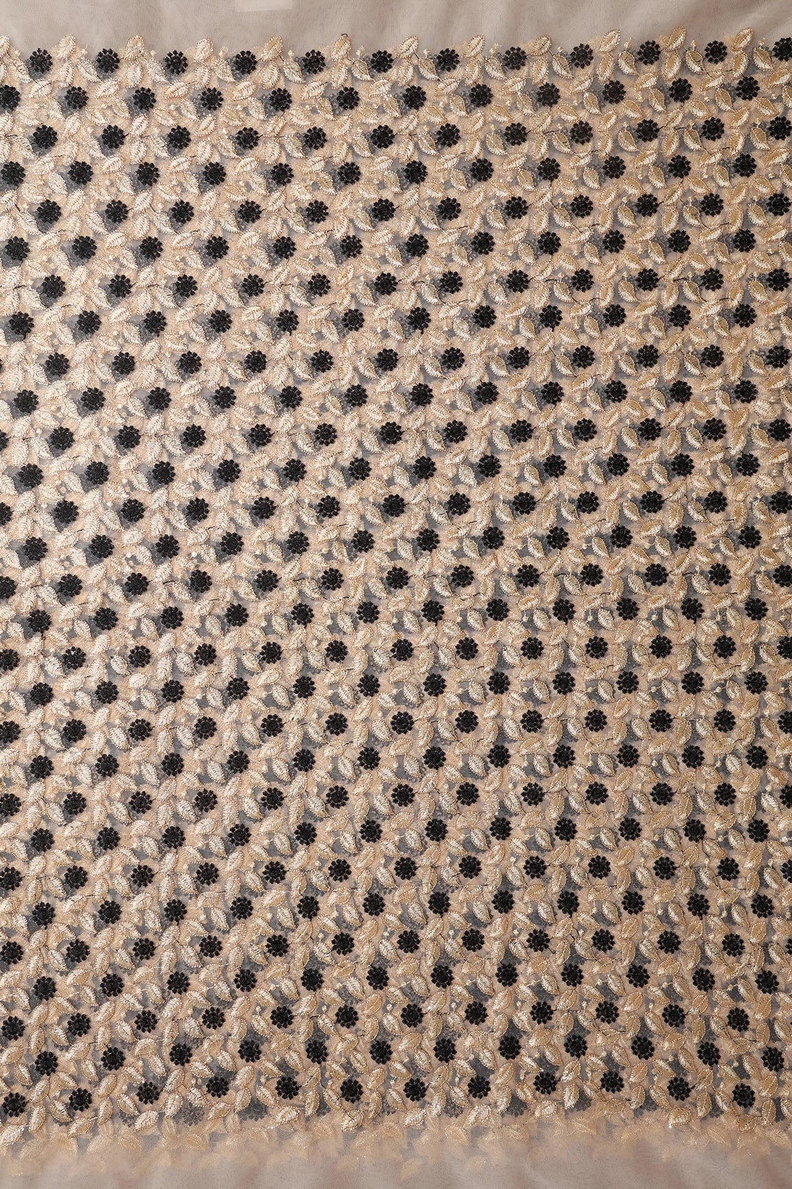 AIzaSyBcstauz-XMPRhEY21AUzeo032pxrXB5Ug - 6 Meter Cut Piece Of Black And Beige Thread With Gold Sequins Floral Embroidery On Beige Soft Net Fabric