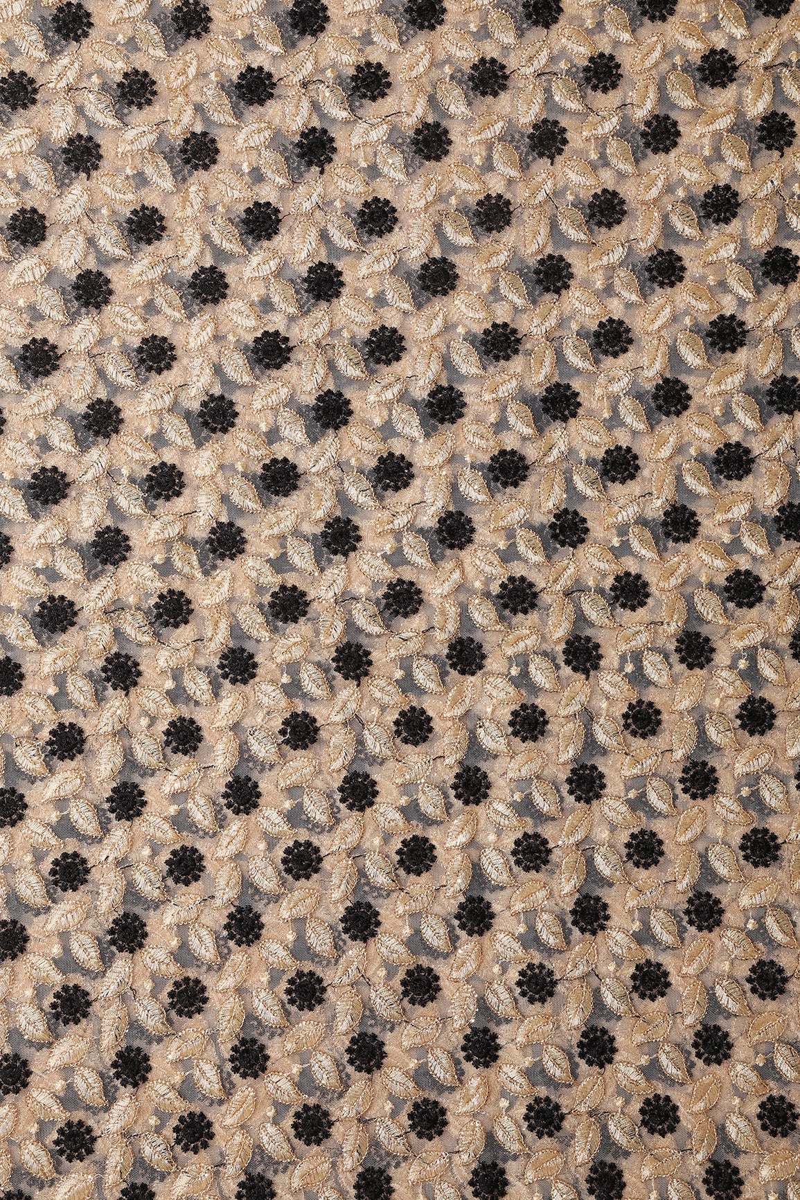 AIzaSyBcstauz-XMPRhEY21AUzeo032pxrXB5Ug - 6 Meter Cut Piece Of Black And Beige Thread With Gold Sequins Floral Embroidery On Beige Soft Net Fabric