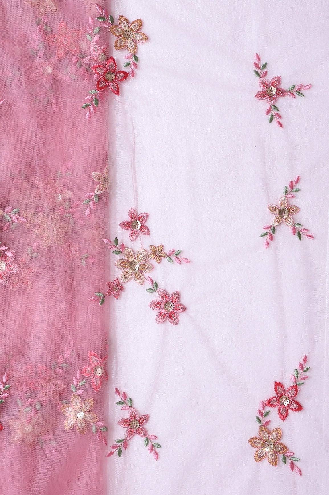 AIzaSyBcstauz-XMPRhEY21AUzeo032pxrXB5Ug - 6 Meter Cut Piece Of Pink And Brown Thread With Gold Sequins Floral Embroidery On Pink Soft Net Fabric