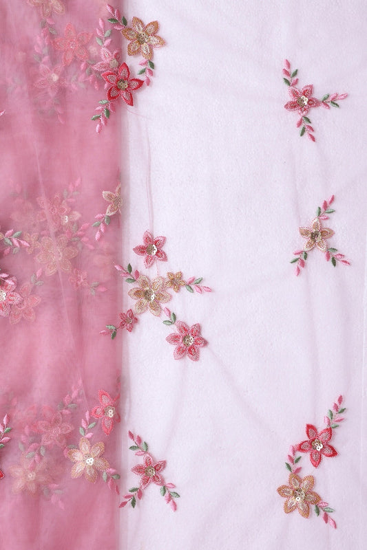 AIzaSyBcstauz-XMPRhEY21AUzeo032pxrXB5Ug - 6 Meter Cut Piece Of Pink And Brown Thread With Gold Sequins Floral Embroidery On Pink Soft Net Fabric