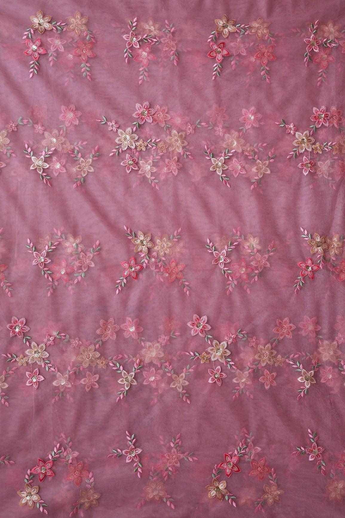 AIzaSyBcstauz-XMPRhEY21AUzeo032pxrXB5Ug - 6 Meter Cut Piece Of Pink And Brown Thread With Gold Sequins Floral Embroidery On Pink Soft Net Fabric