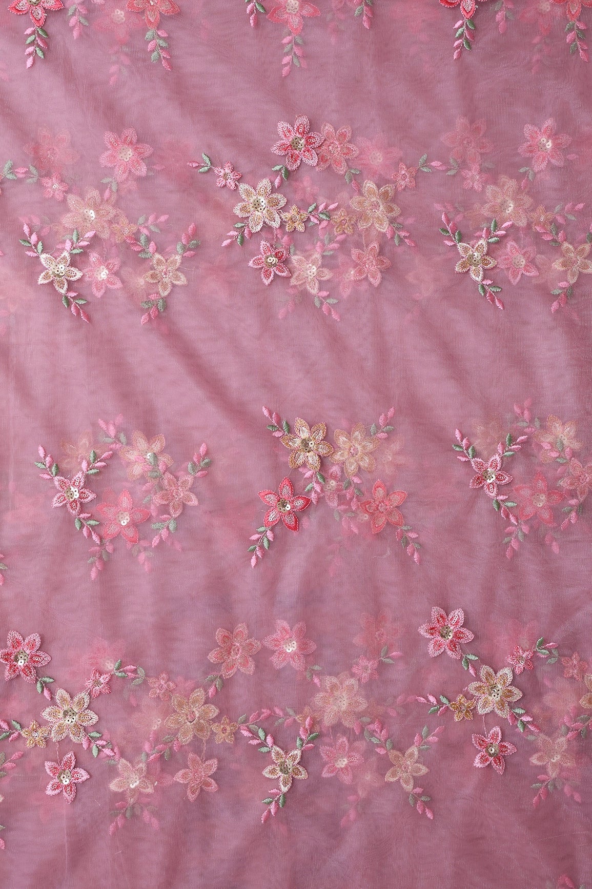 AIzaSyBcstauz-XMPRhEY21AUzeo032pxrXB5Ug - 6 Meter Cut Piece Of Pink And Brown Thread With Gold Sequins Floral Embroidery On Pink Soft Net Fabric