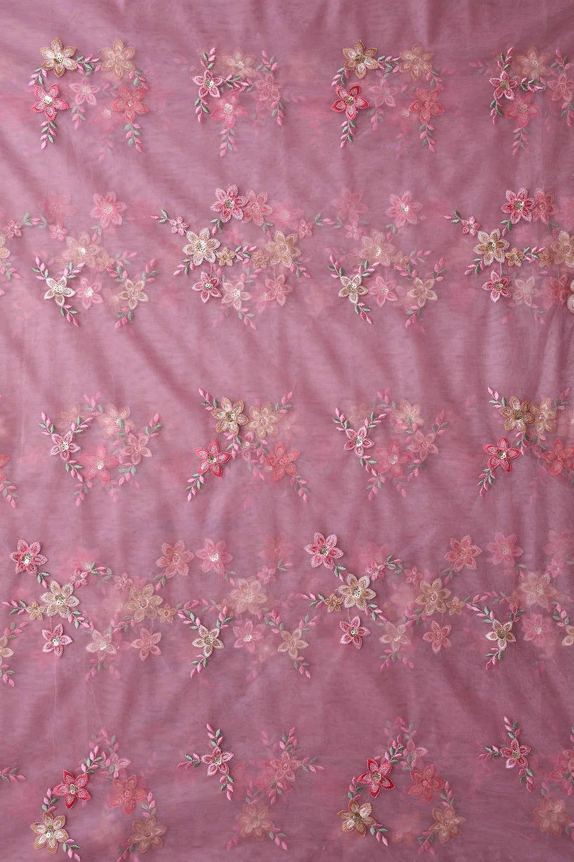 AIzaSyBcstauz-XMPRhEY21AUzeo032pxrXB5Ug - 6 Meter Cut Piece Of Pink And Brown Thread With Gold Sequins Floral Embroidery On Pink Soft Net Fabric
