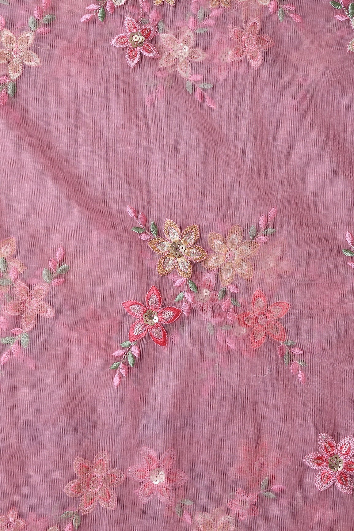 AIzaSyBcstauz-XMPRhEY21AUzeo032pxrXB5Ug - 6 Meter Cut Piece Of Pink And Brown Thread With Gold Sequins Floral Embroidery On Pink Soft Net Fabric