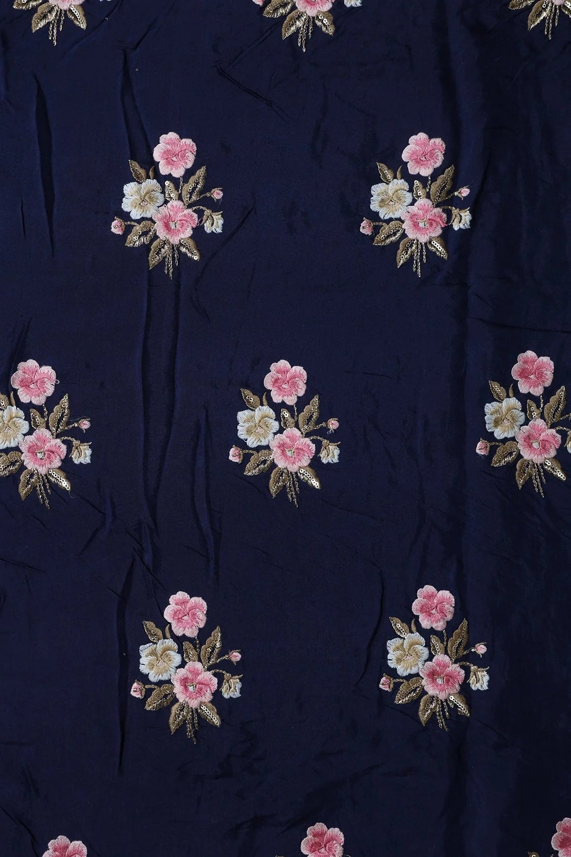 AIzaSyBcstauz-XMPRhEY21AUzeo032pxrXB5Ug - 6.25 Meter Cut Piece Of Pink And Beige Thread With Gold Sequins Floral Embroidery On Navy Blue Muslin Silk Fabric