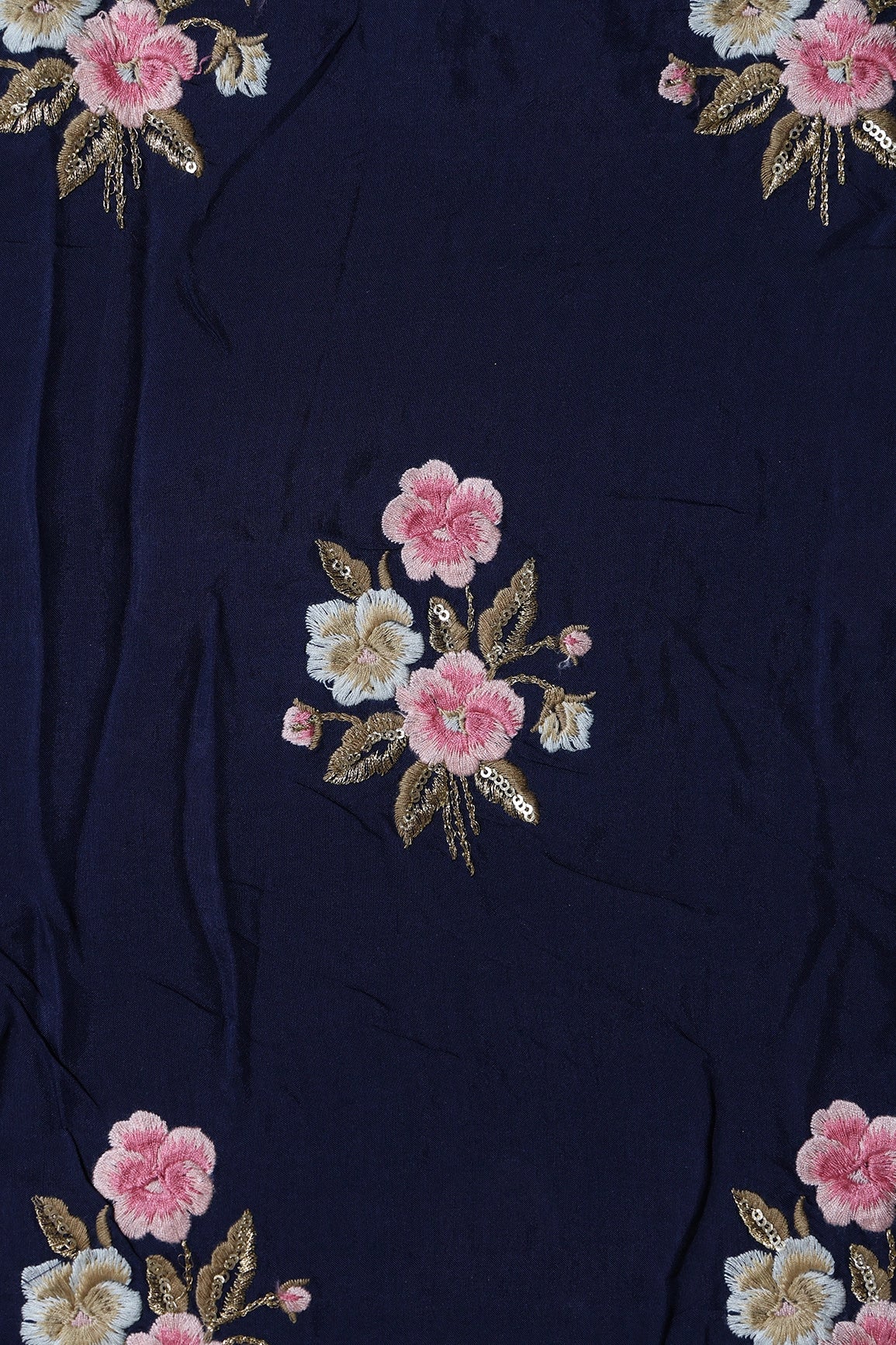 AIzaSyBcstauz-XMPRhEY21AUzeo032pxrXB5Ug - 6.25 Meter Cut Piece Of Pink And Beige Thread With Gold Sequins Floral Embroidery On Navy Blue Muslin Silk Fabric