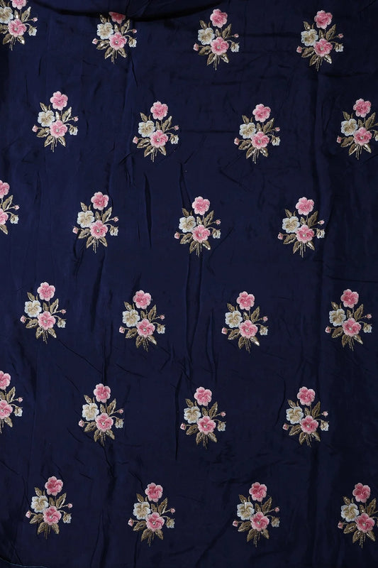 AIzaSyBcstauz-XMPRhEY21AUzeo032pxrXB5Ug - 6.25 Meter Cut Piece Of Pink And Beige Thread With Gold Sequins Floral Embroidery On Navy Blue Muslin Silk Fabric