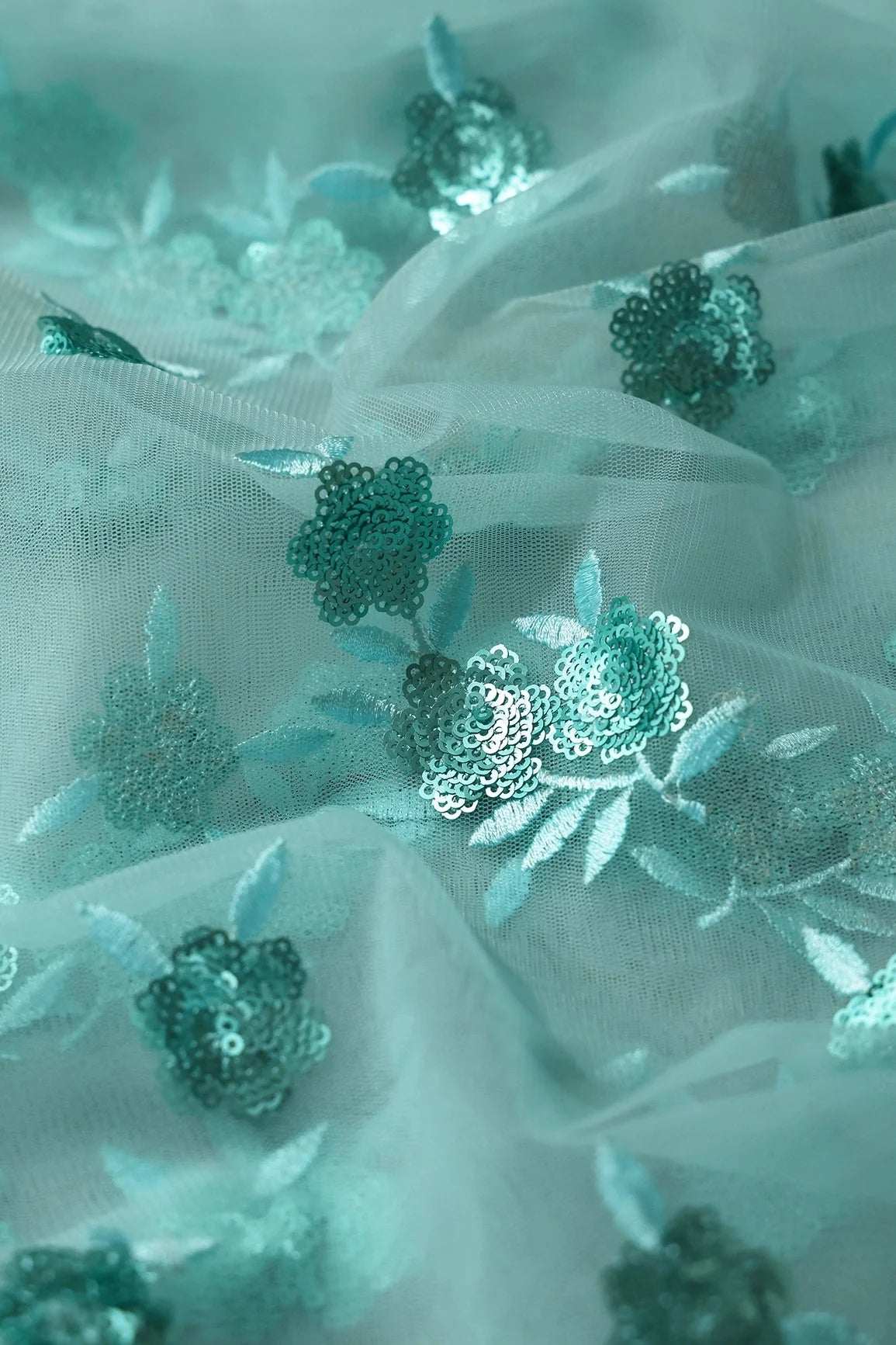 AIzaSyBcstauz-XMPRhEY21AUzeo032pxrXB5Ug - 6.25 Meter Cut Piece Of Sky Thread With Sequins Beautiful Floral Embroidery Work On Sky Soft Net Fabric