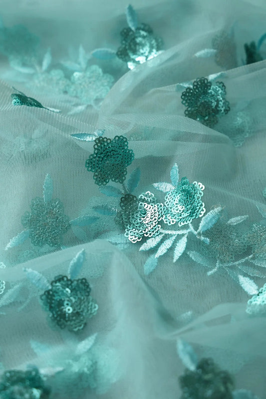 AIzaSyBcstauz-XMPRhEY21AUzeo032pxrXB5Ug - 6.25 Meter Cut Piece Of Sky Thread With Sequins Beautiful Floral Embroidery Work On Sky Soft Net Fabric