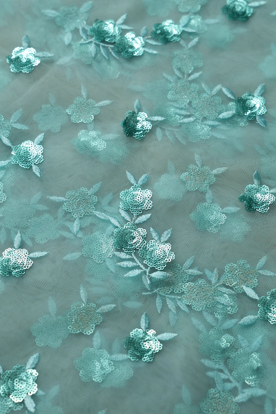 AIzaSyBcstauz-XMPRhEY21AUzeo032pxrXB5Ug - 6.25 Meter Cut Piece Of Sky Thread With Sequins Beautiful Floral Embroidery Work On Sky Soft Net Fabric