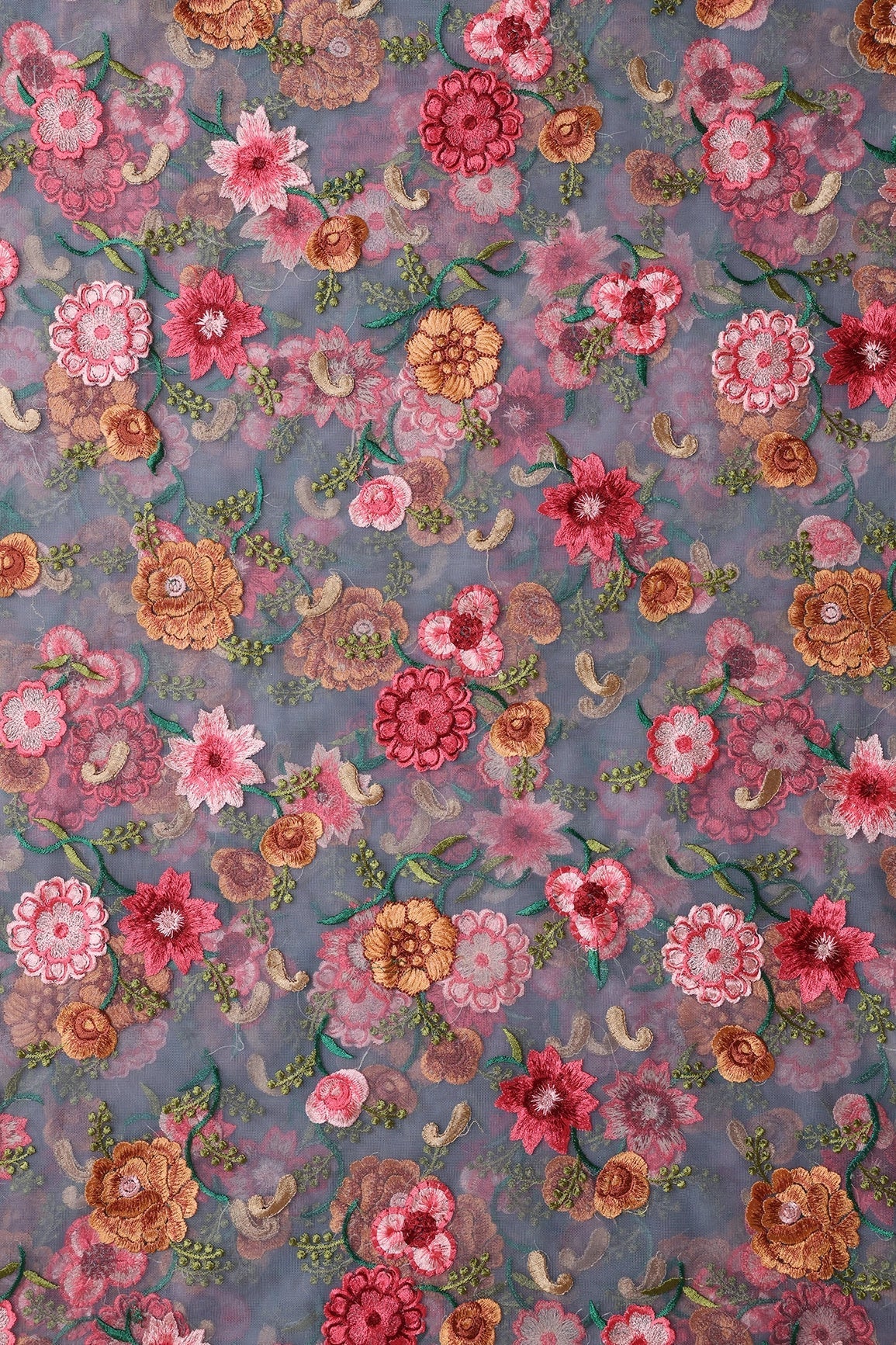 AIzaSyBcstauz-XMPRhEY21AUzeo032pxrXB5Ug - 6 Meter Cut Piece Of Multi Thread Beautiful Floral Embroidery On Grey Soft Net Fabric