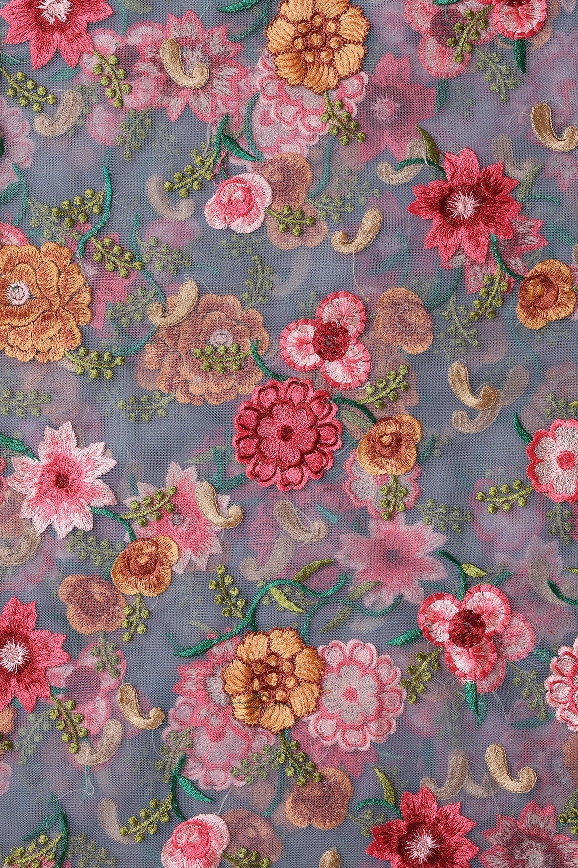 AIzaSyBcstauz-XMPRhEY21AUzeo032pxrXB5Ug - 6 Meter Cut Piece Of Multi Thread Beautiful Floral Embroidery On Grey Soft Net Fabric