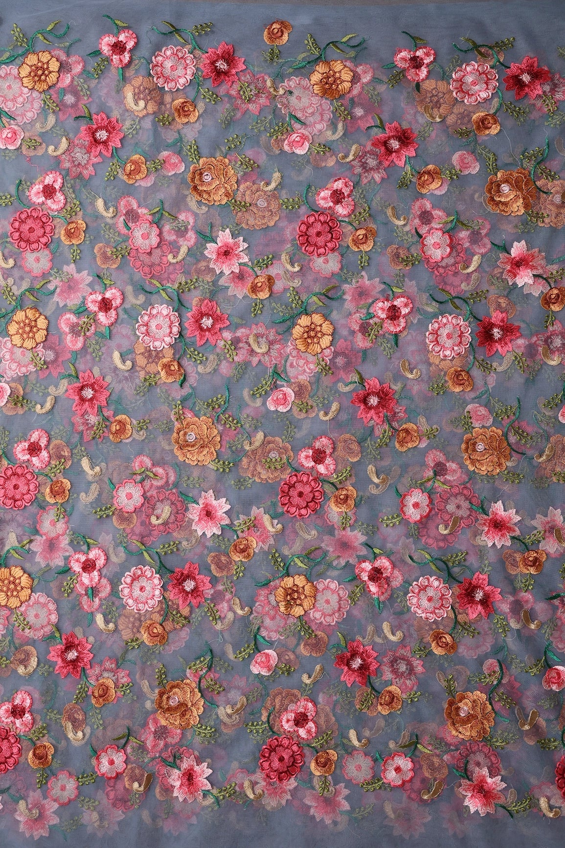 AIzaSyBcstauz-XMPRhEY21AUzeo032pxrXB5Ug - 6 Meter Cut Piece Of Multi Thread Beautiful Floral Embroidery On Grey Soft Net Fabric