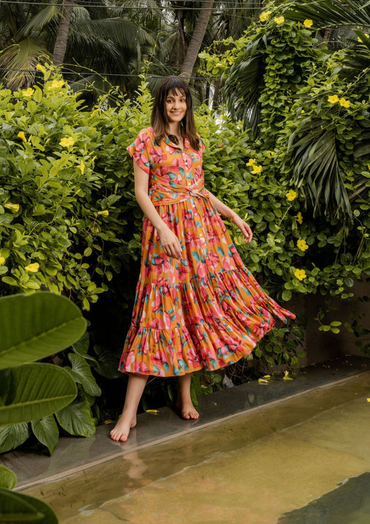 Plumeria Floral Mustard Long Crepe Dress