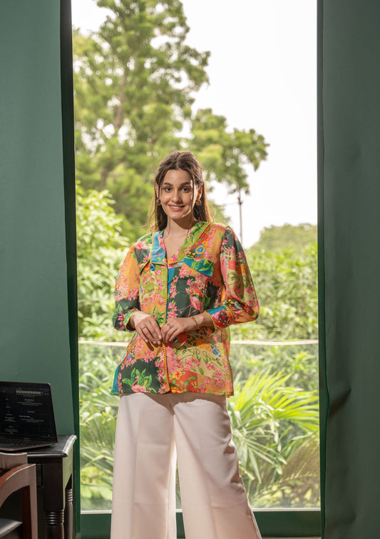 AIzaSyBcstauz-XMPRhEY21AUzeo032pxrXB5Ug - Cara Botanical Patch Print Satin Shirt