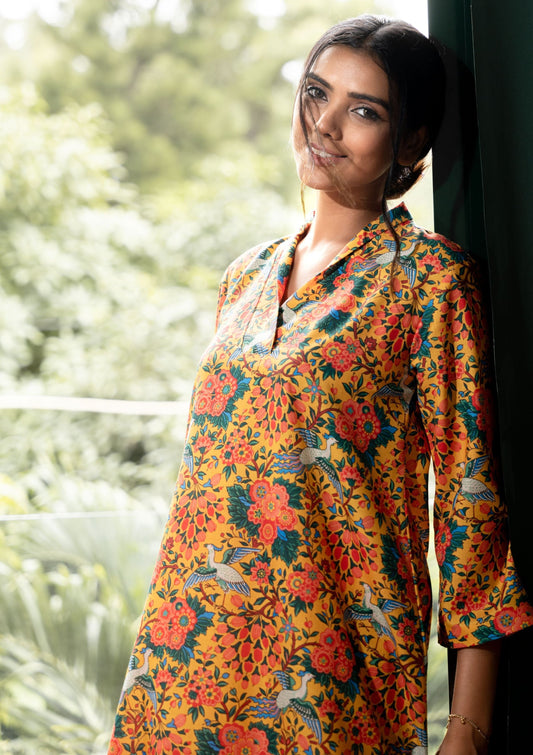 AIzaSyBcstauz-XMPRhEY21AUzeo032pxrXB5Ug - Ezra Yellow Ethnic Printed Linen Indian Co-ord Set