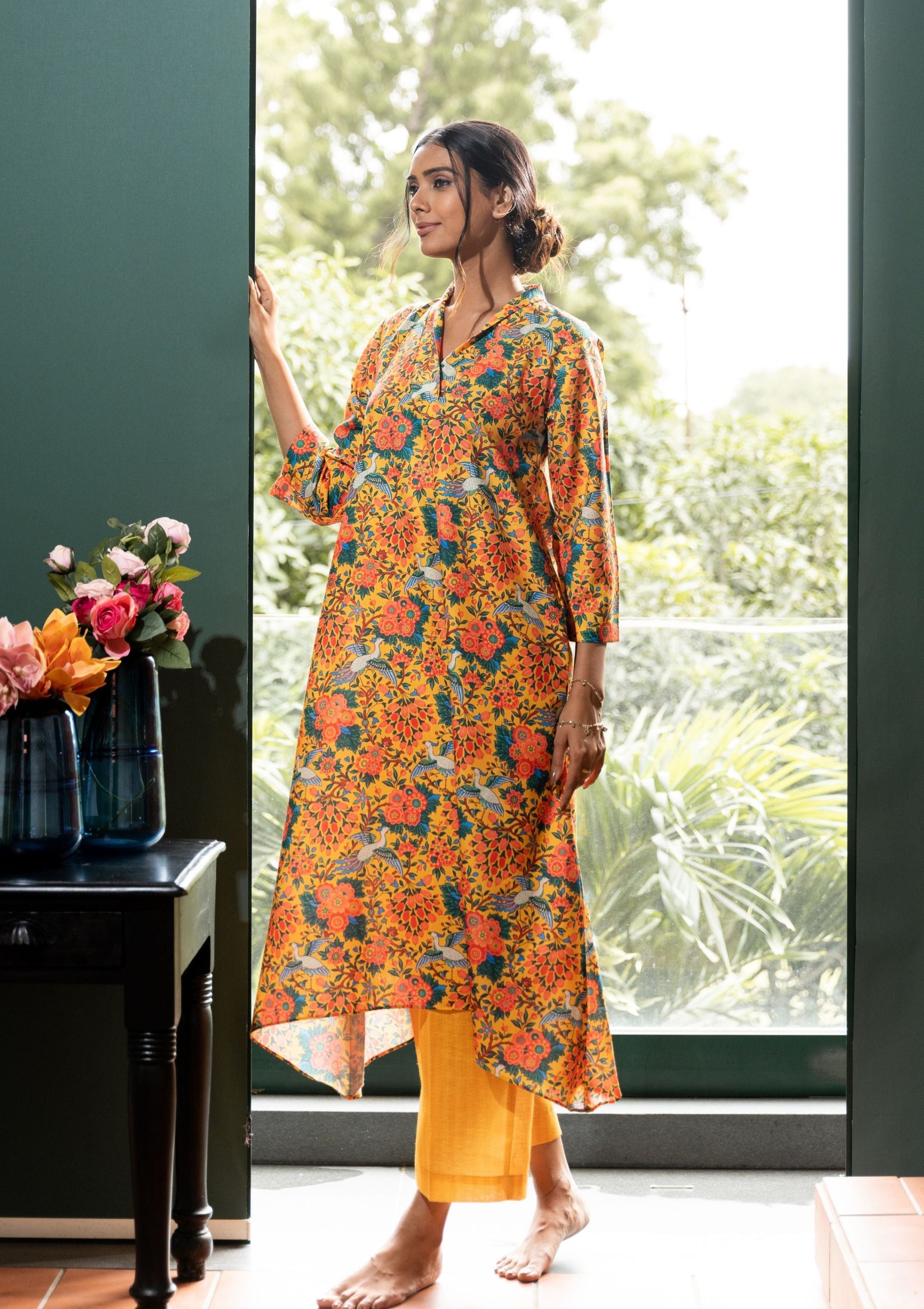 AIzaSyBcstauz-XMPRhEY21AUzeo032pxrXB5Ug - Ezra Yellow Ethnic Printed Linen Indian Co-ord Set