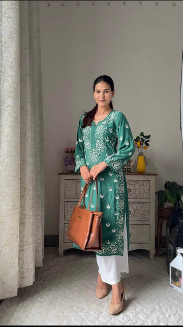 Graceful Green Floral Kurti with White Pants