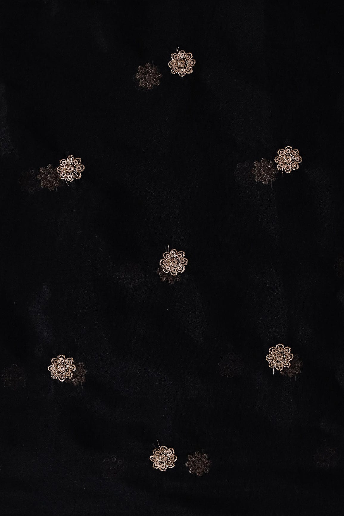 AIzaSyBcstauz-XMPRhEY21AUzeo032pxrXB5Ug - Gold Sequins with Gold Thread Motif Embroidery On Black Organza Fabric
