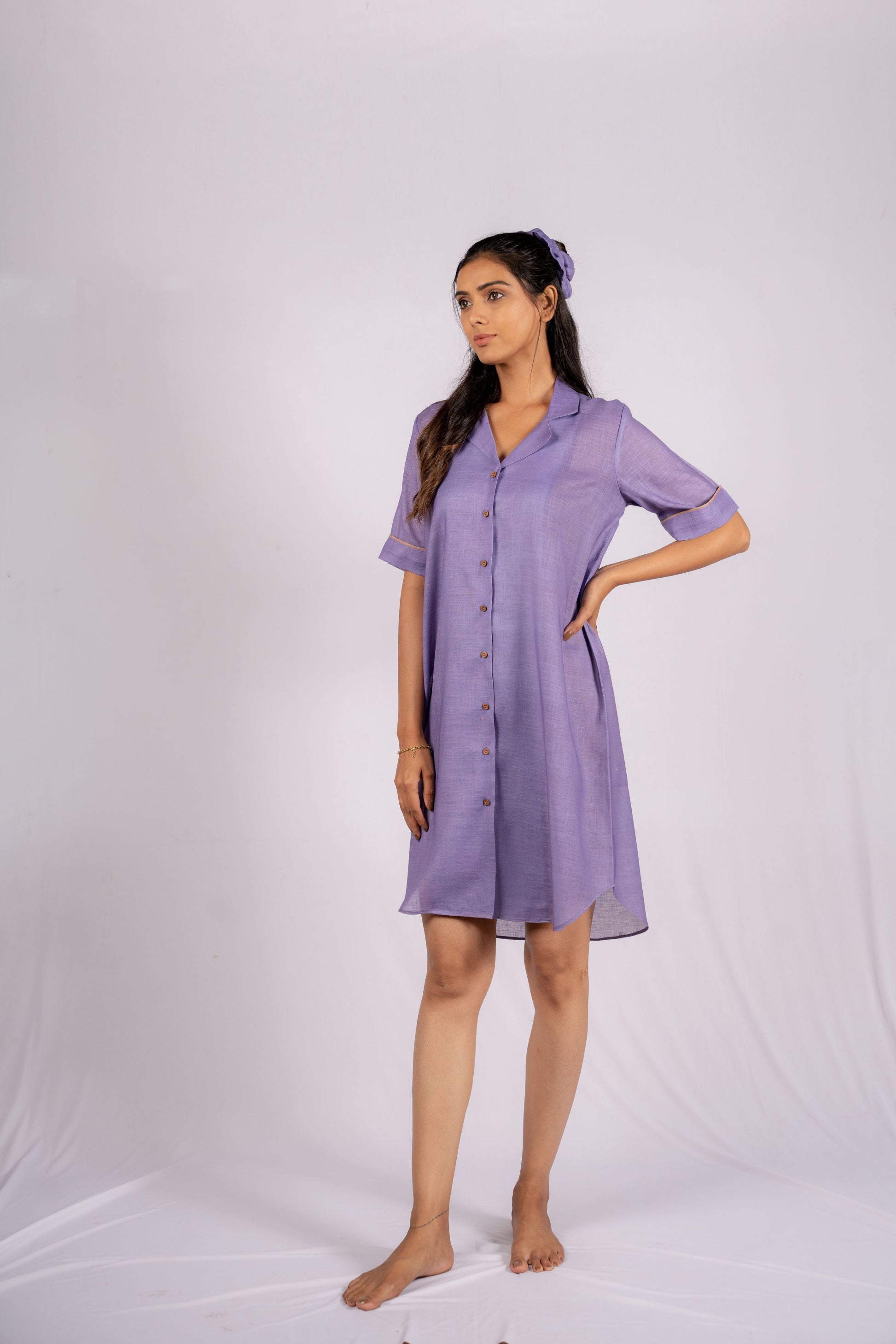 AIzaSyBcstauz-XMPRhEY21AUzeo032pxrXB5Ug - Amethyst Violet Linen Shirt Dress with Wooden Buttons