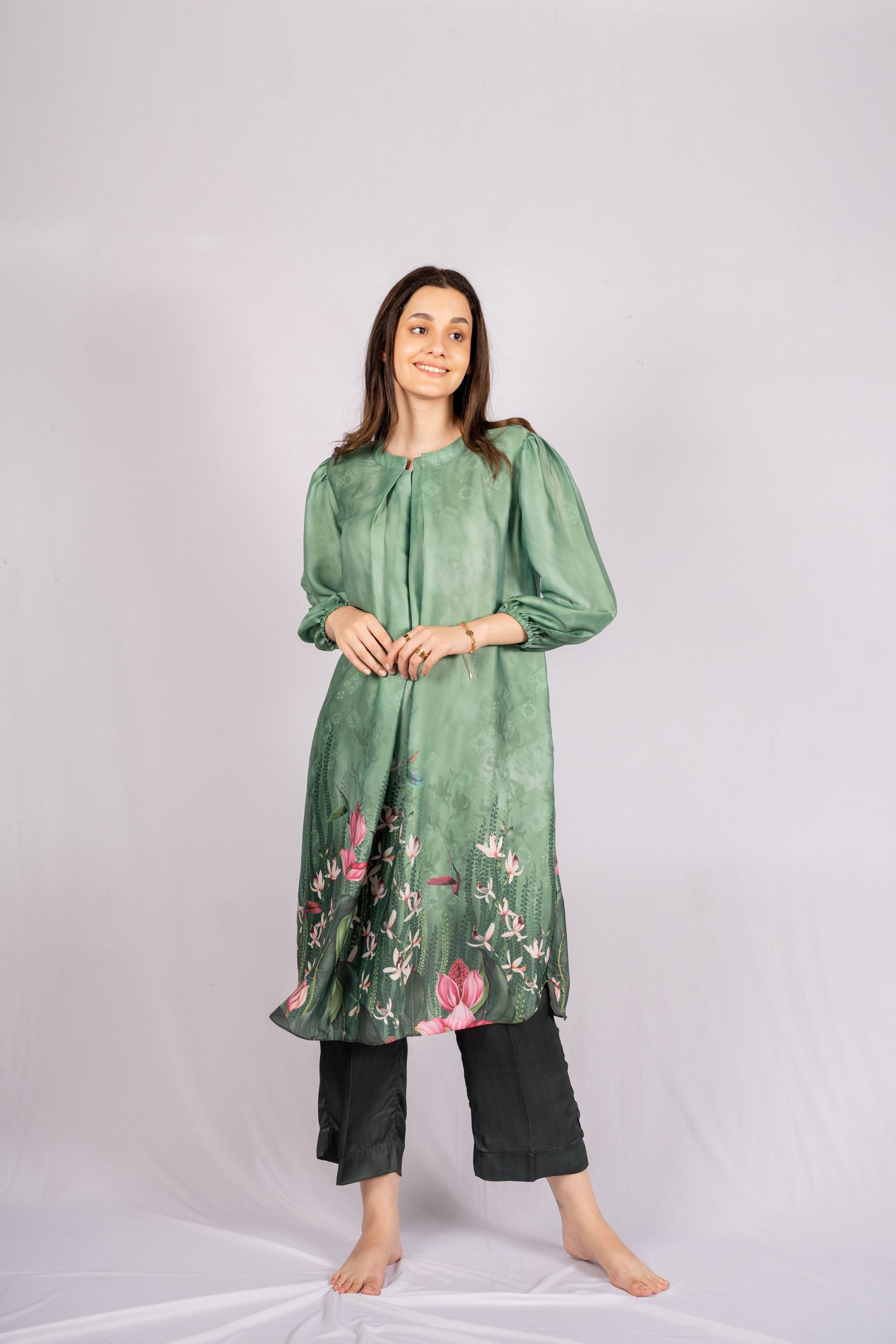 AIzaSyBcstauz-XMPRhEY21AUzeo032pxrXB5Ug - Jade Floral Green Satin Indian Co-ord Set