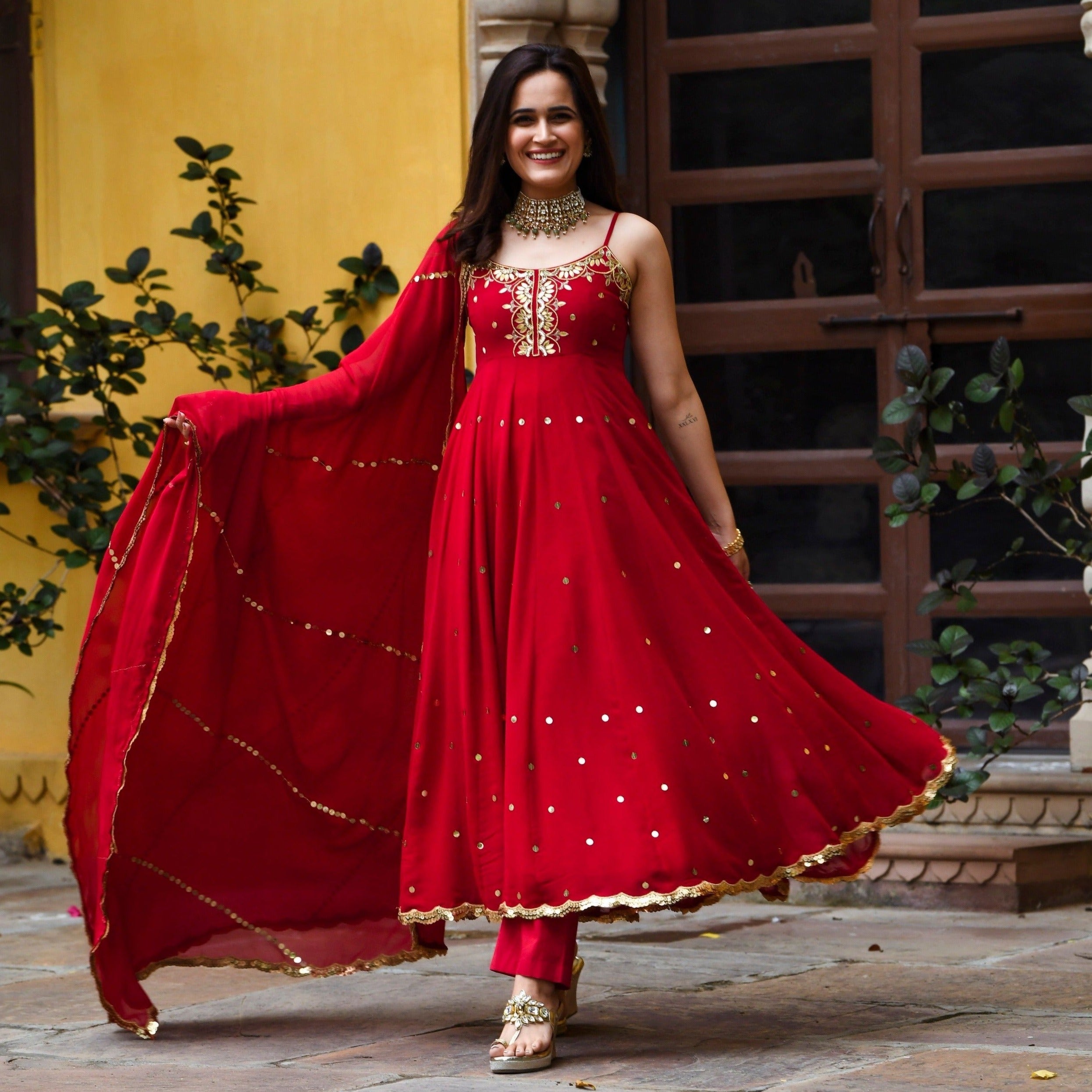 Golden Radiance Red Anarkali Suit Set