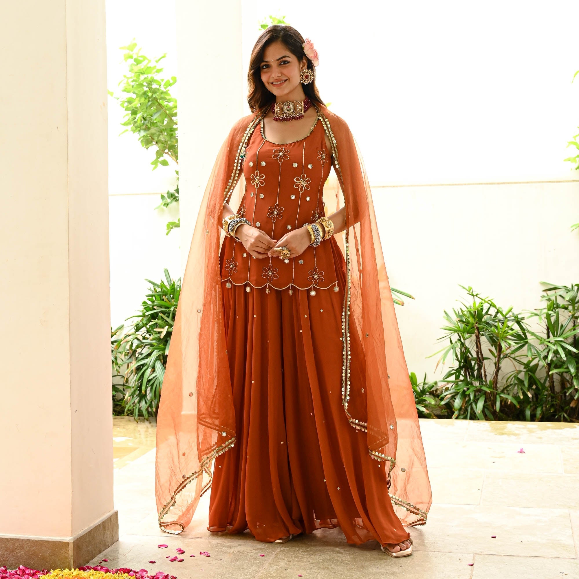 Festive Rust Orange Embroidered Suit Set with Organza Dupatta