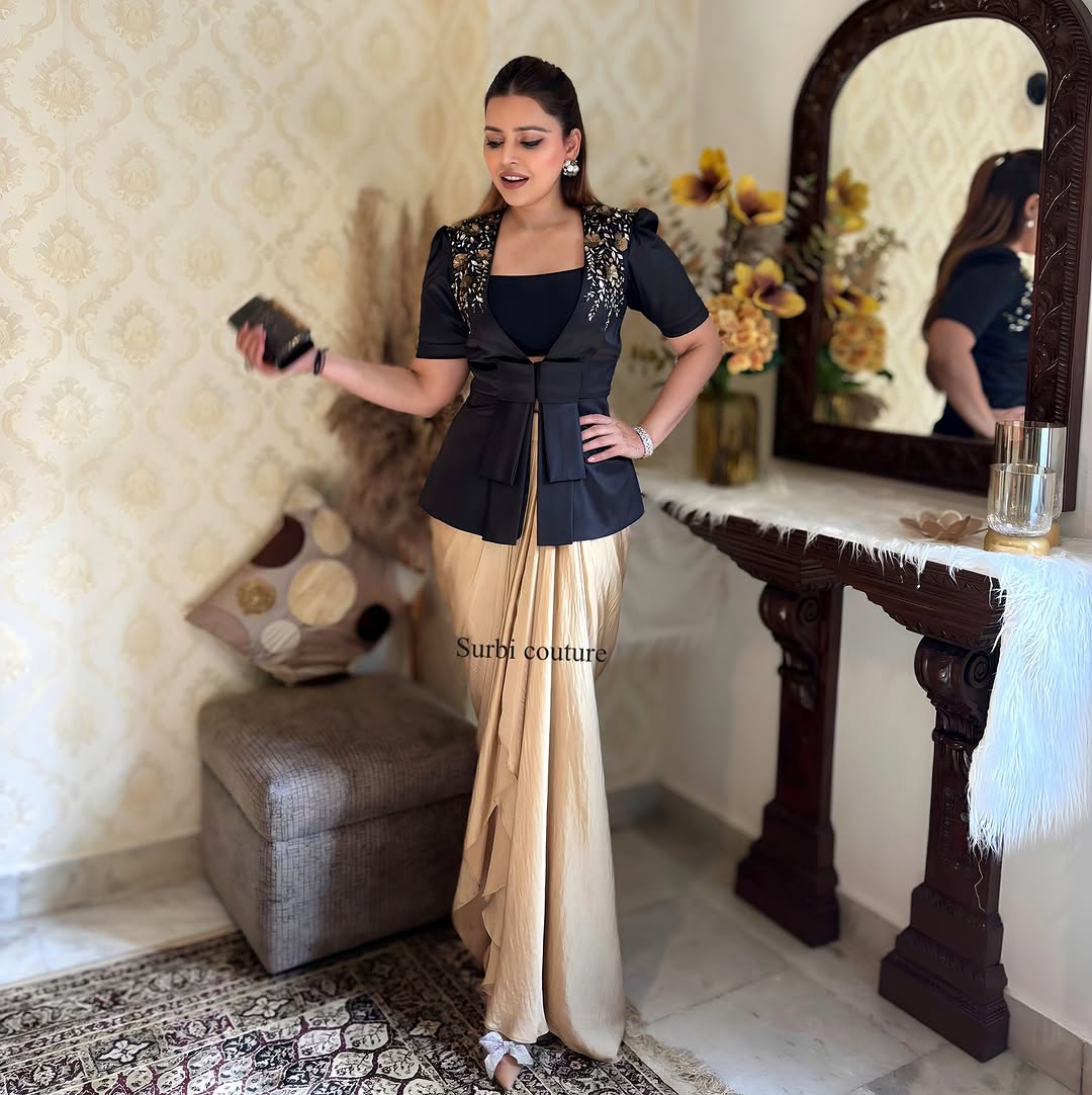 Designer Blazer Jacket & Dhoti Skirt Set – Perfect for Evening Parties | Eva The Label