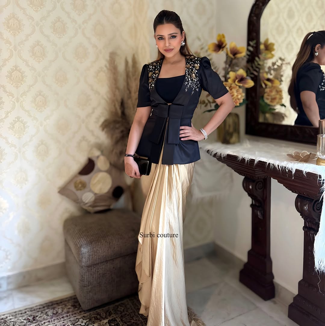 Designer Blazer Jacket & Dhoti Skirt Set – Perfect for Evening Parties | Eva The Label