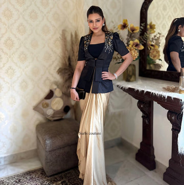 Designer Blazer Jacket & Dhoti Skirt Set – Perfect for Evening Parties | Eva The Label