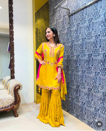 Presenting Yellow Chinon Silk Sarara Set For Function Wear