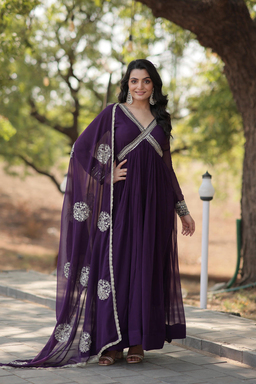 Solid Alia Cut Embroidery Zari Sequins Work Gown