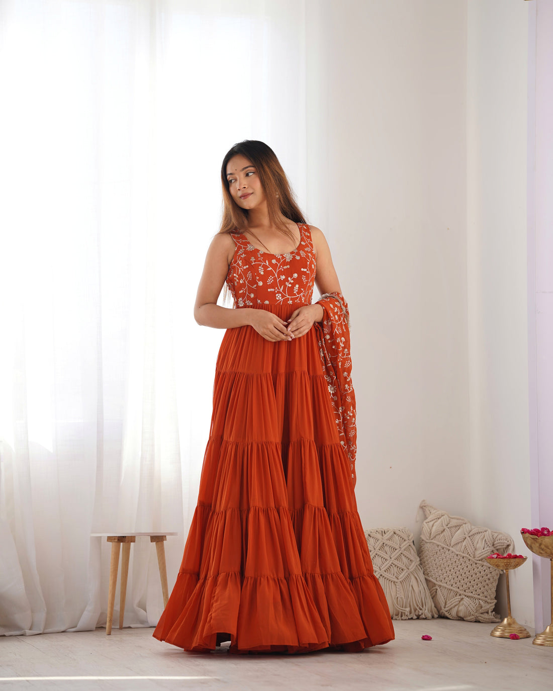 Classic Soft Fox Georgette Anarkali Suit Set With Huge Flair, Dupatta & Pant