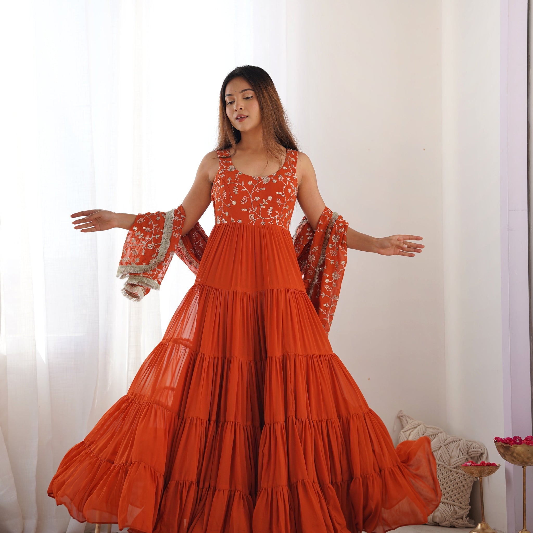 Classic Soft Fox Georgette Anarkali Suit Set With Huge Flair, Dupatta & Pant