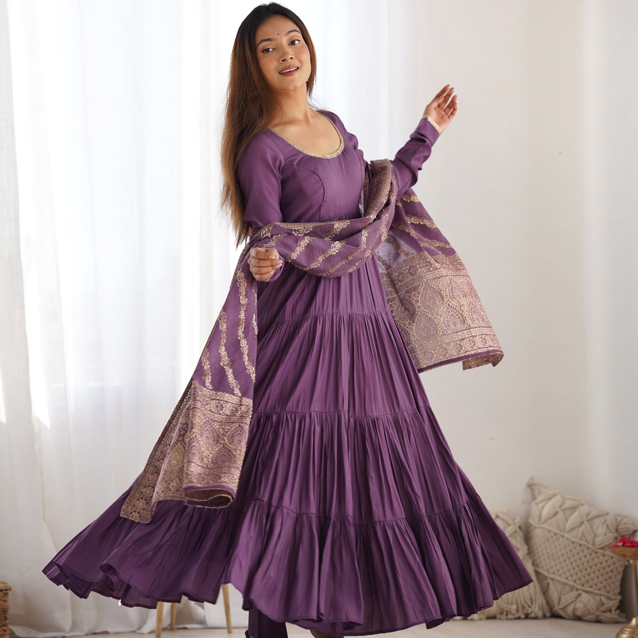 ELEGANT PURE CHANDERI SILK FULLY FLAIR ANARKALI GOWN SET