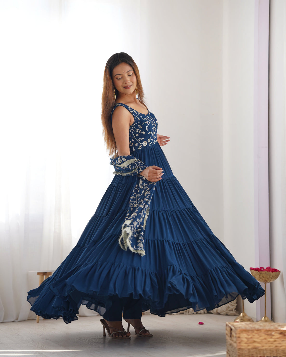 Excellent Soft Fox Georgette Anarkali Suit Set With Huge Flair, Dupatta & Pant
