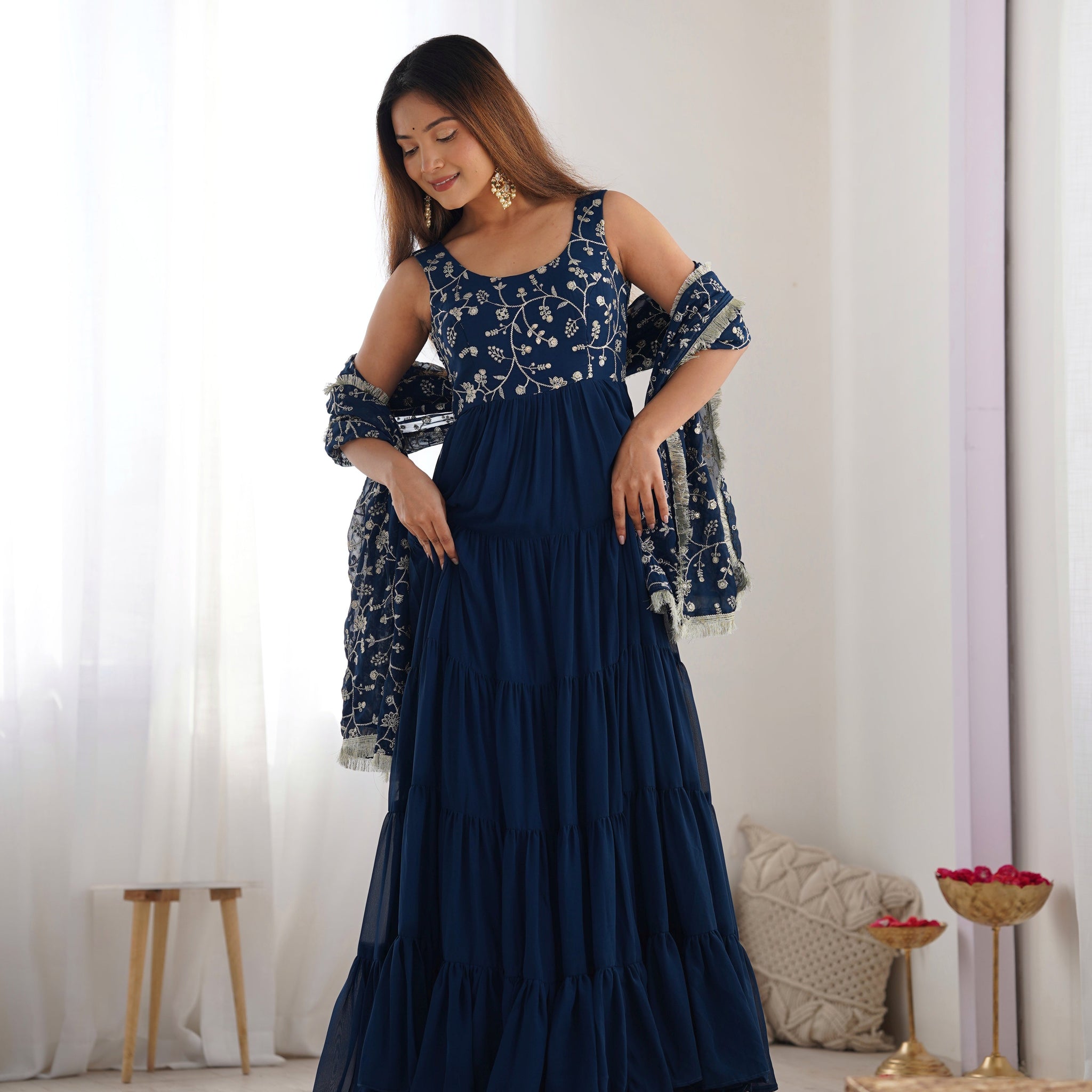 Excellent Soft Fox Georgette Anarkali Suit Set With Huge Flair, Dupatta & Pant