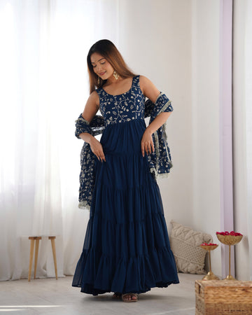 Excellent Soft Fox Georgette Anarkali Suit Set With Huge Flair, Dupatta & Pant